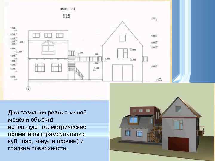 Для создания реалистичной модели объекта используют геометрические примитивы (прямоугольник, куб, шар, конус и прочие)