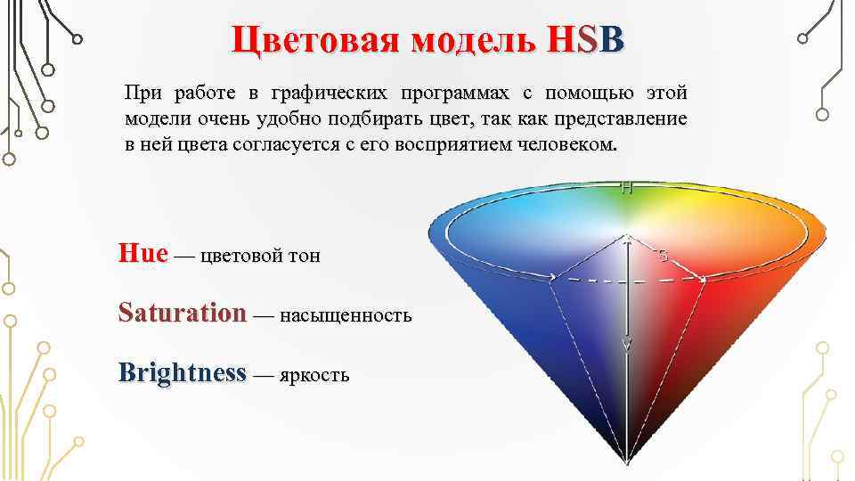 Цветовая модель HSB При работе в графических программах с помощью этой модели очень удобно