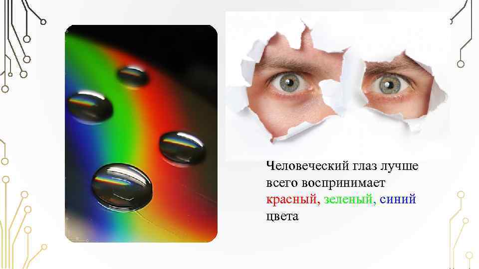 Человеческий глаз лучше всего воспринимает красный, зеленый, синий цвета 