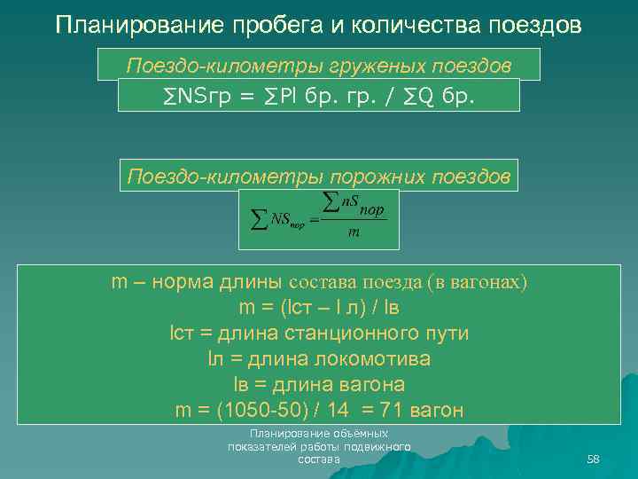 Планирование пробега и количества поездов Поездо-километры груженых поездов ∑NSгр = ∑Pl бр. гр. /