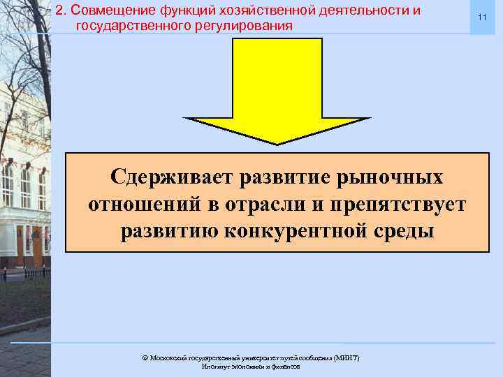 2. Совмещение функций хозяйственной деятельности и государственного регулирования Сдерживает развитие рыночных отношений в отрасли