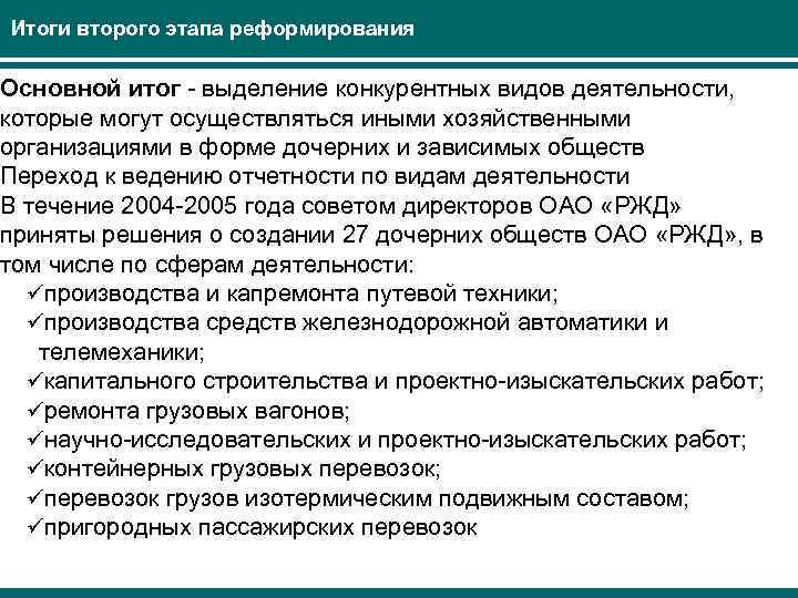 Итоги второго этапа реформирования Основной итог - выделение конкурентных видов деятельности, которые могут осуществляться