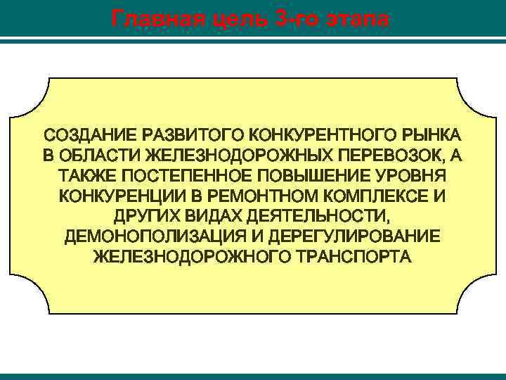 Главная цель 3 -го этапа СОЗДАНИЕ РАЗВИТОГО КОНКУРЕНТНОГО РЫНКА В ОБЛАСТИ ЖЕЛЕЗНОДОРОЖНЫХ ПЕРЕВОЗОК, А