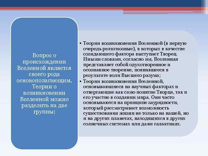 Вопрос о происхождении Вселенной является своего рода основополагающим. Теории о возникновении Вселенной можно разделить