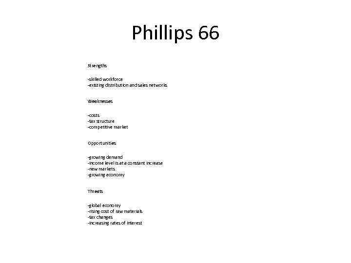 Phillips 66 Strengths -skilled workforce -existing distribution and sales networks Weaknesses -costs -tax structure