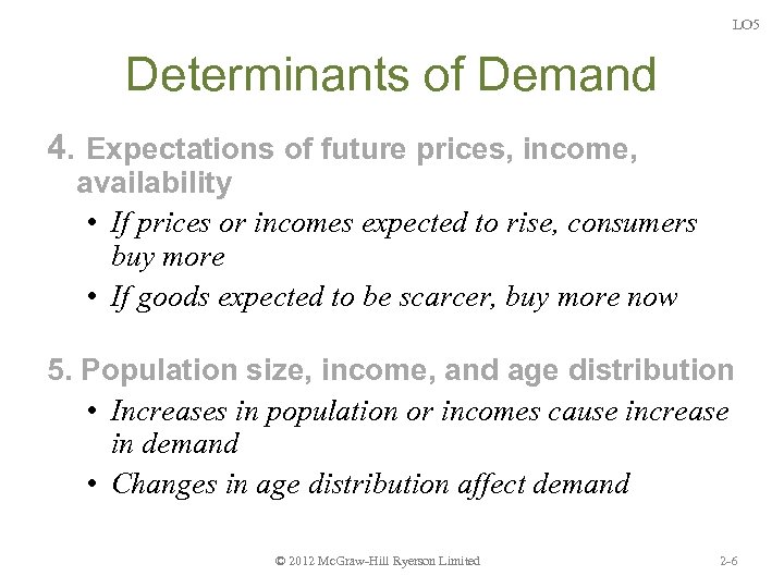 LO 5 Determinants of Demand 4. Expectations of future prices, income, availability • If
