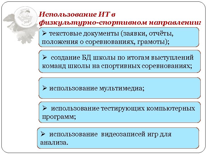 Использование ИТ в физкультурно-спортивном направлении: Ø текстовые документы (заявки, отчёты, положения о соревнованиях, грамоты);