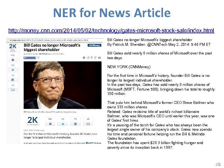 NER for News Article http: //money. cnn. com/2014/05/02/technology/gates-microsoft-stock-sale/index. html Bill Gates no longer Microsoft's