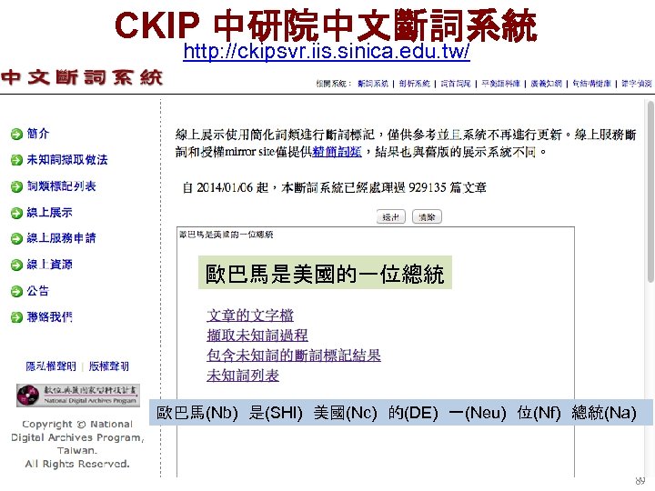 CKIP 中研院中文斷詞系統 http: //ckipsvr. iis. sinica. edu. tw/ 歐巴馬是美國的一位總統 歐巴馬(Nb)　是(SHI)　美國(Nc)　的(DE)　一(Neu)　位(Nf)　總統(Na) 89 