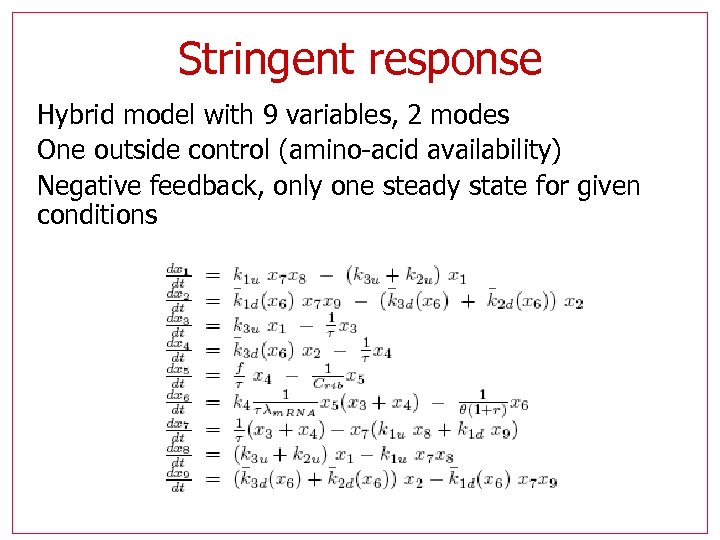 Stringent response Hybrid model with 9 variables, 2 modes One outside control (amino-acid availability)