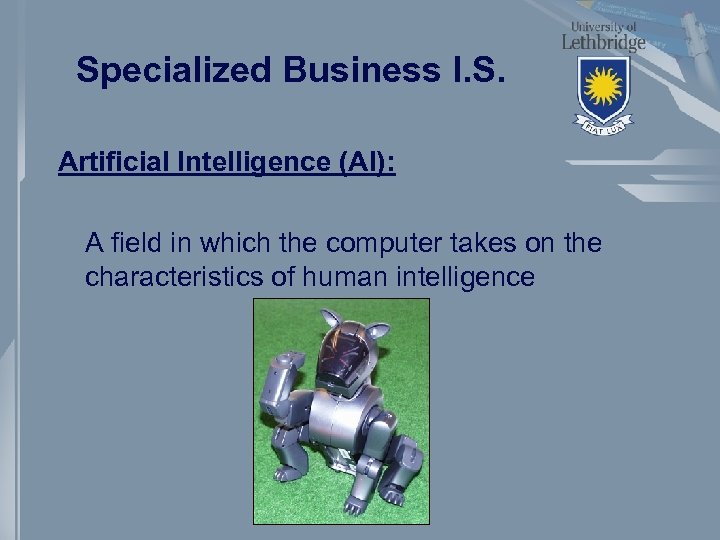 Specialized Business I. S. Artificial Intelligence (AI): A field in which the computer takes