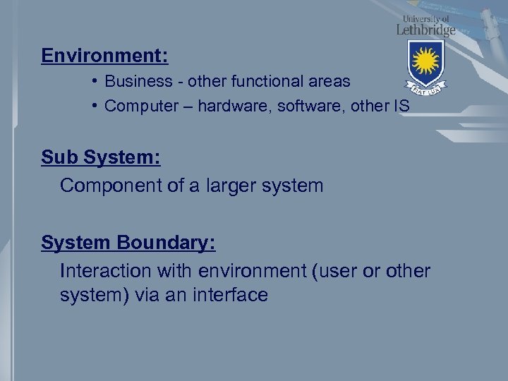 Environment: • Business - other functional areas • Computer – hardware, software, other IS