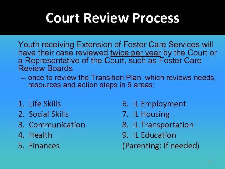 Court Review Process Youth receiving Extension of Foster Care Services will have their case