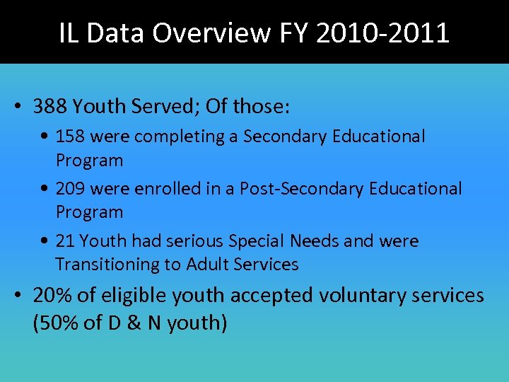 IL Data Overview FY 2010 -2011 • 388 Youth Served; Of those: • 158