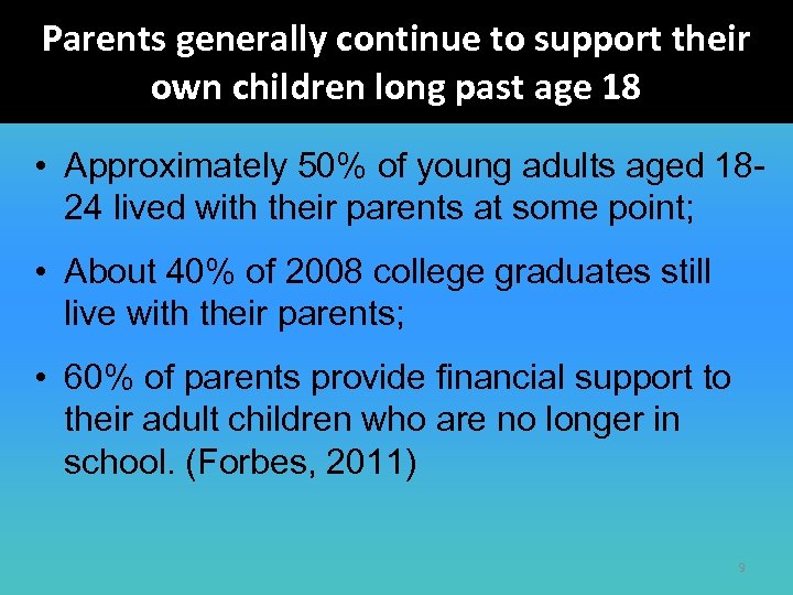 Parents generally continue to support their own children long past age 18 • Approximately