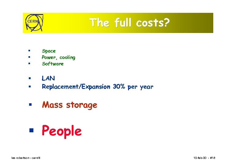 The full costs? CERN § § § Space Power, cooling Software § § LAN