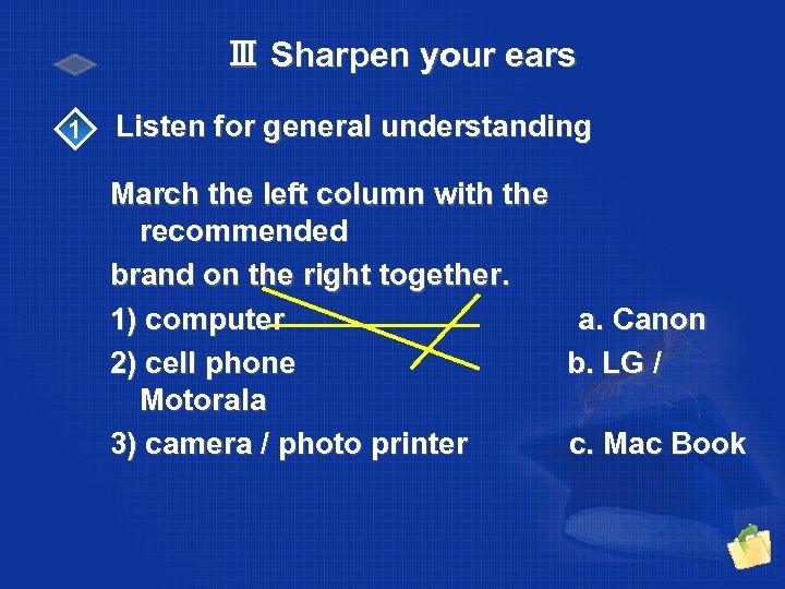 Ⅲ Sharpen your ears 1 Listen for general understanding March the left column with