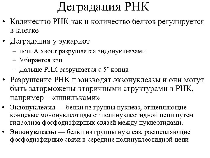 Деградация РНК • Количество РНК как и количество белков регулируется в клетке • Деградация