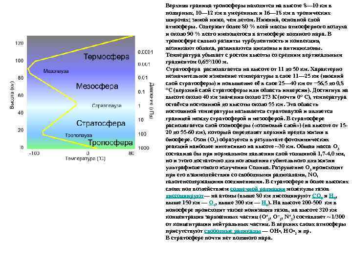 Верхняя граница тропосферы находится на высоте 8— 10 км в полярных, 10— 12 км