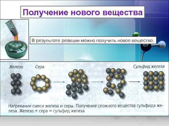 Получение нового вещества В результате реакции можно получить новое вещество. 