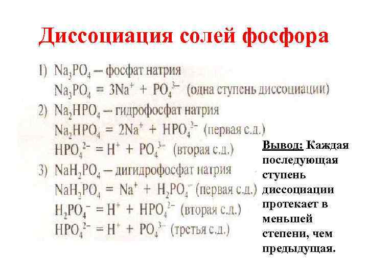 Диссоциация солей фосфора Вывод: Каждая последующая ступень диссоциации протекает в меньшей степени, чем предыдущая.