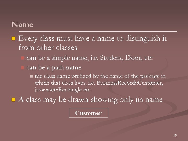 Name n Every class must have a name to distinguish it from other classes