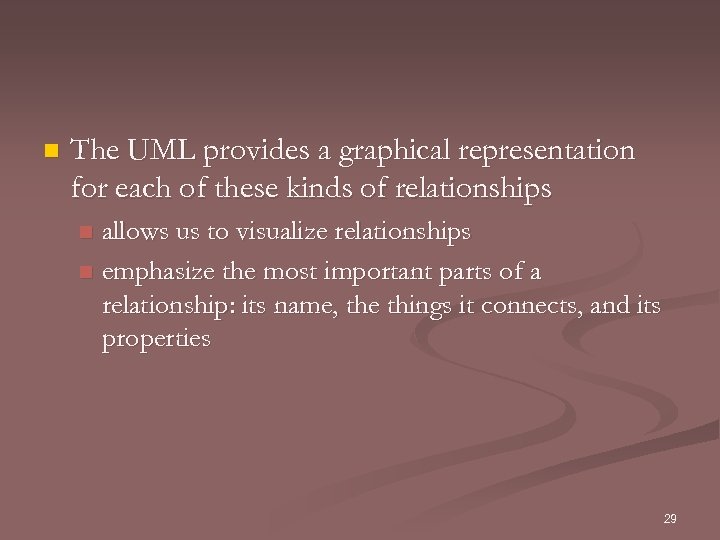 n The UML provides a graphical representation for each of these kinds of relationships