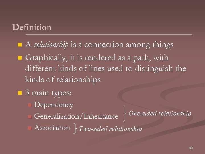 Definition A relationship is a connection among things n Graphically, it is rendered as