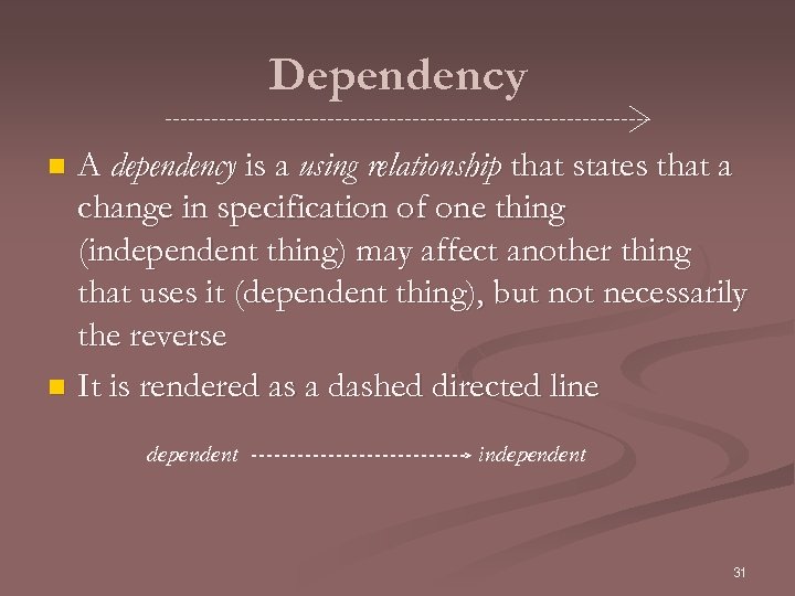 Dependency A dependency is a using relationship that states that a change in specification
