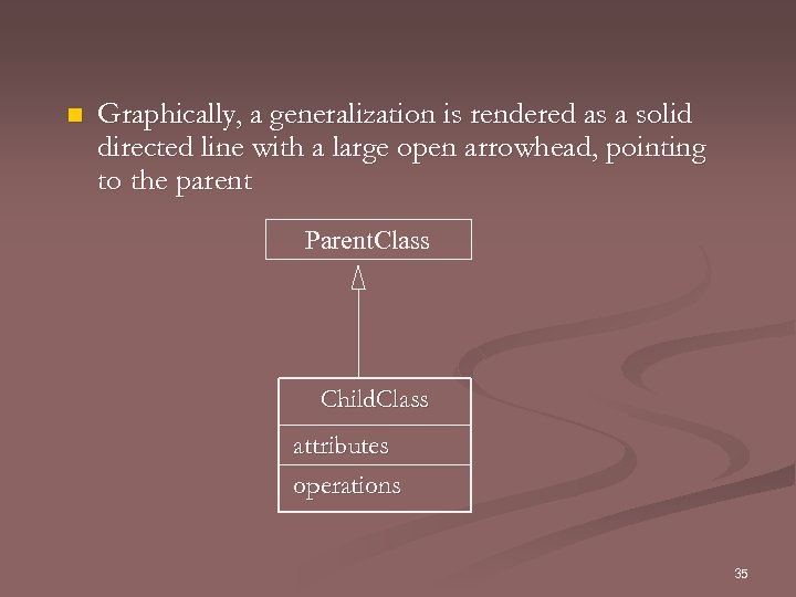 n Graphically, a generalization is rendered as a solid directed line with a large