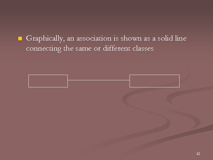 n Graphically, an association is shown as a solid line connecting the same or