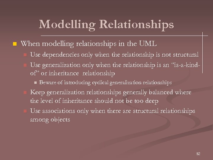 Modelling Relationships n When modelling relationships in the UML n n Use dependencies only