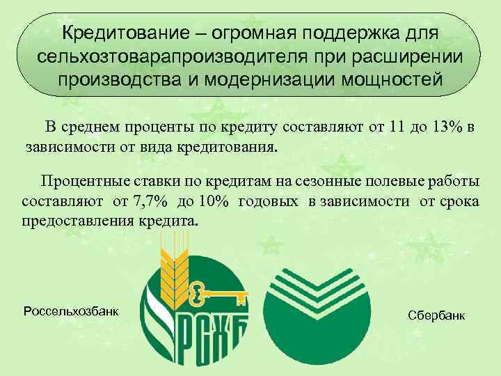 Кредитование – огромная поддержка для сельхозтоварапроизводителя при расширении производства и модернизации мощностей В среднем