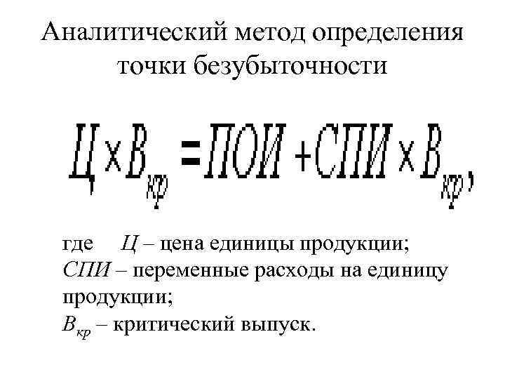 Аналитический метод определения точки безубыточности где Ц – цена единицы продукции; СПИ – переменные