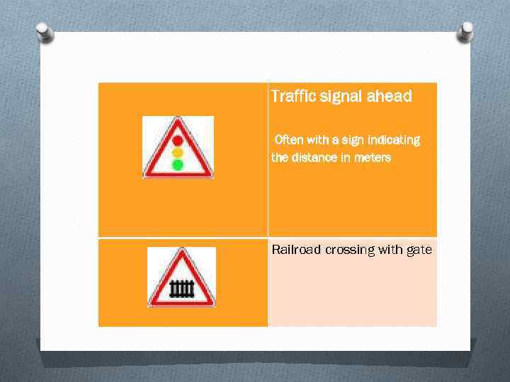 Traffic signal ahead Often with a sign indicating the distance in meters Railroad crossing