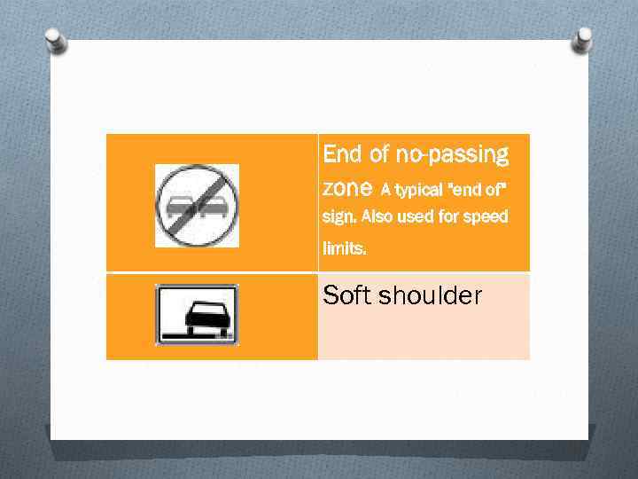 End of no-passing zone A typical "end of" sign. Also used for speed limits.