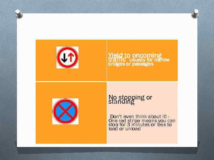 Yield to oncoming traffic Usually for narrow bridges or passages No stopping or standing