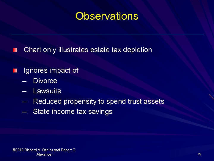 Observations Chart only illustrates estate tax depletion Ignores impact of – Divorce – Lawsuits