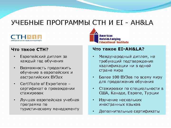 УЧЕБНЫЕ ПРОГРАММЫ СТН И EI - AH&LA Что такое СТН? • Европейский диплом за