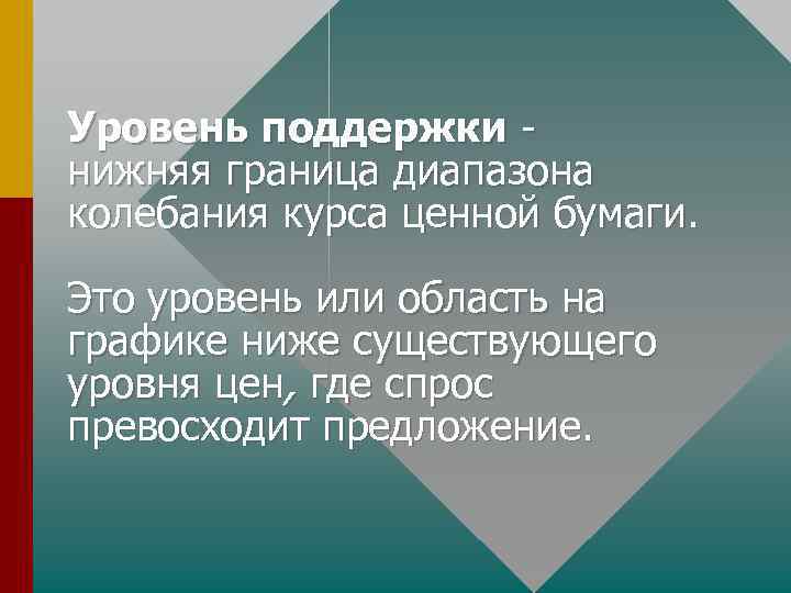 Уровень поддержки нижняя граница диапазона колебания курса ценной бумаги. Это уровень или область на