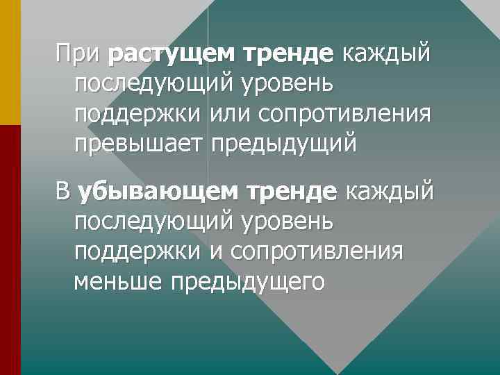 При растущем тренде каждый последующий уровень поддержки или сопротивления превышает предыдущий В убывающем тренде