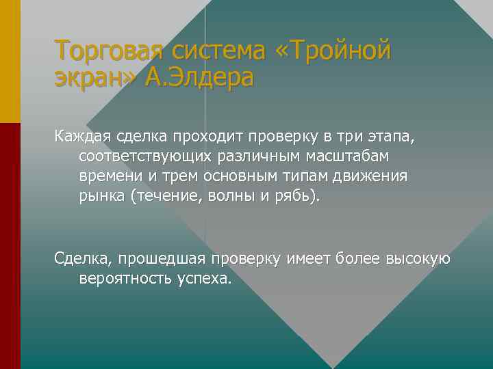 Торговая система «Тройной экран» А. Элдера Каждая сделка проходит проверку в три этапа, соответствующих