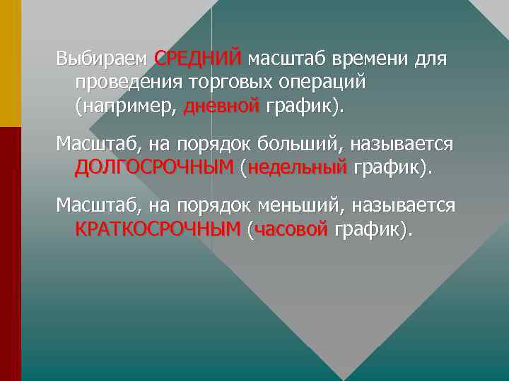 Выбираем СРЕДНИЙ масштаб времени для проведения торговых операций (например, дневной график). Масштаб, на порядок