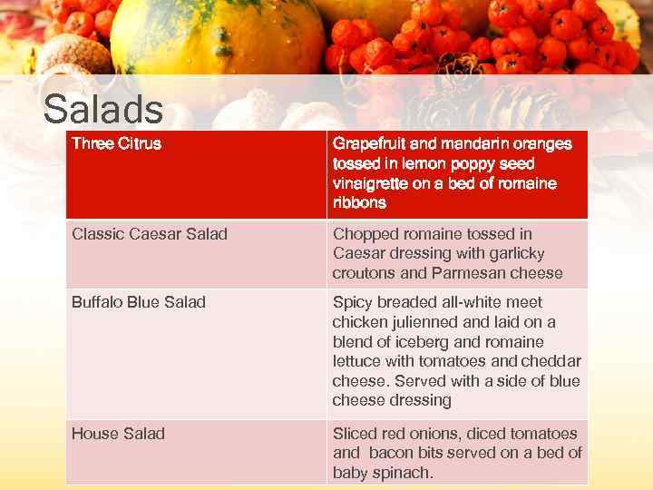 Salads Three Citrus Grapefruit and mandarin oranges tossed in lemon poppy seed vinaigrette on