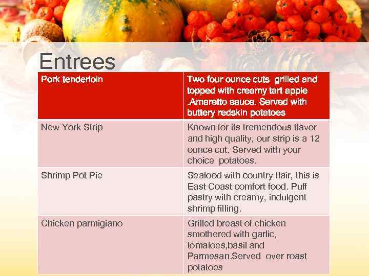 Entrees Pork tenderloin Two four ounce cuts grilled and topped with creamy tart apple.