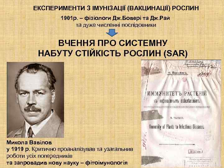 ЕКСПЕРИМЕНТИ З ІМУНІЗАЦІЇ (ВАКЦИНАЦІЇ) РОСЛИН 1901 р. – фізіологи Дж. Бовері та Дж. Рай