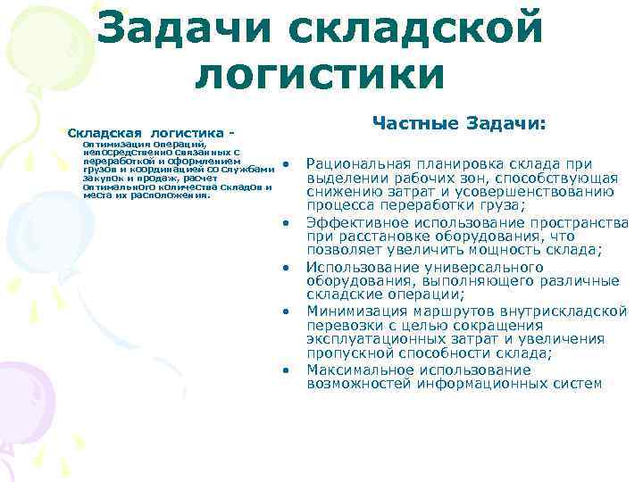 Задачи складской логистики Частные Задачи: Складская логистика - оптимизация операций, непосредственно связанных с переработкой