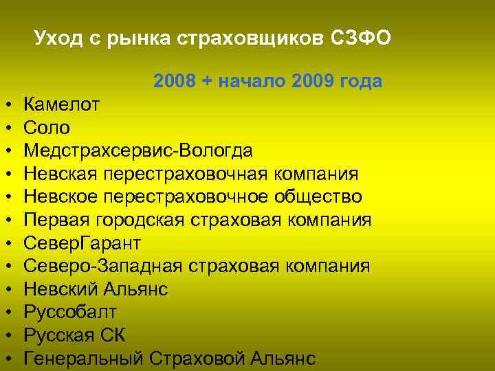 Уход с рынка страховщиков СЗФО 2008 + начало 2009 года • • • Камелот