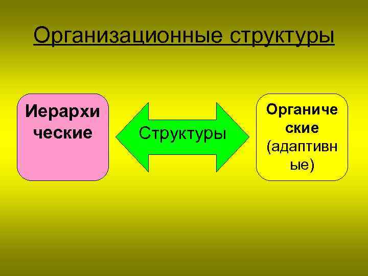 Организационные структуры Иерархи ческие Структуры Органиче ские (адаптивн ые) 