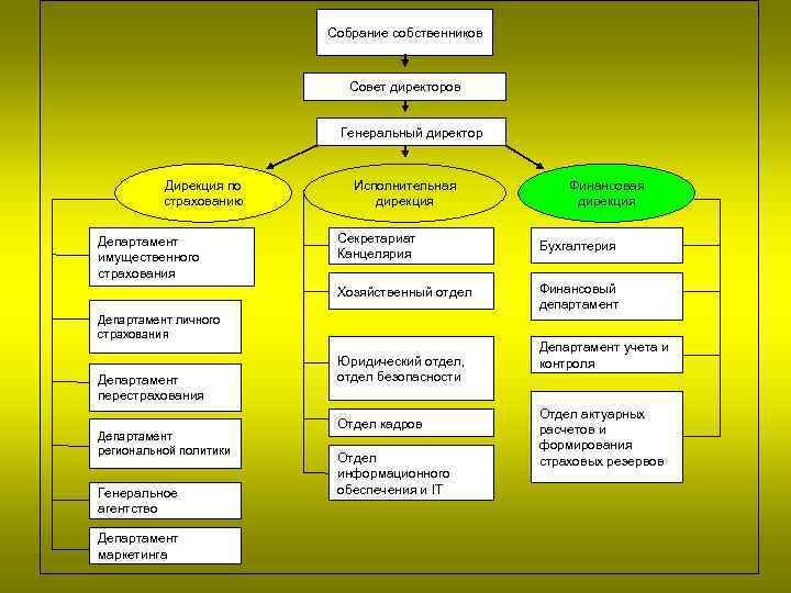 Собрание собственников Совет директоров Генеральный директор Дирекция по страхованию Исполнительная дирекция Финансовая дирекция Секретариат